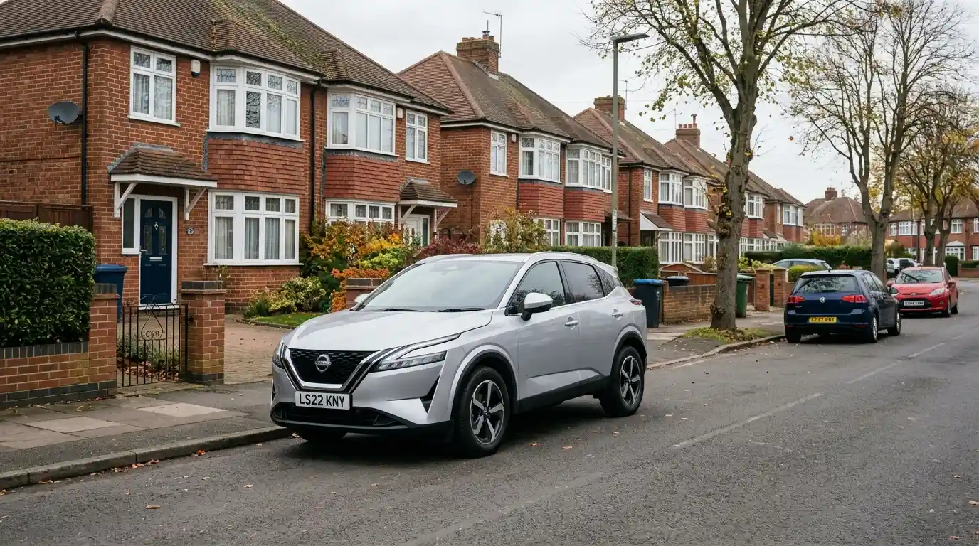 A silver Nissan Qashqai parked on a UK suburban street, representing one of the UK's most popular SUVs