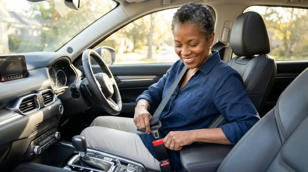 A smiling woman comfortably buckling her car seat belt using a black seat belt extender with a red buckle in a brightly lit car interior