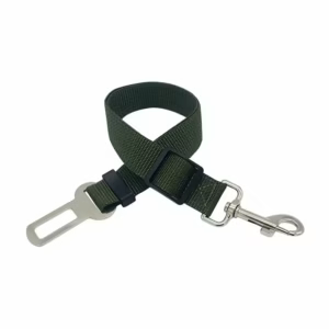 Adjustable dog car seat belt tether with vehicle buckle and metal harness clip